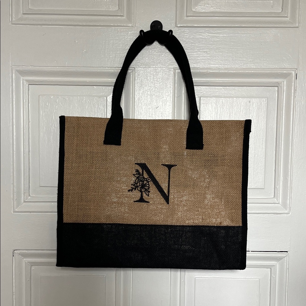 Monogrammed 'N' Jute Tote Bag in Natural and Black